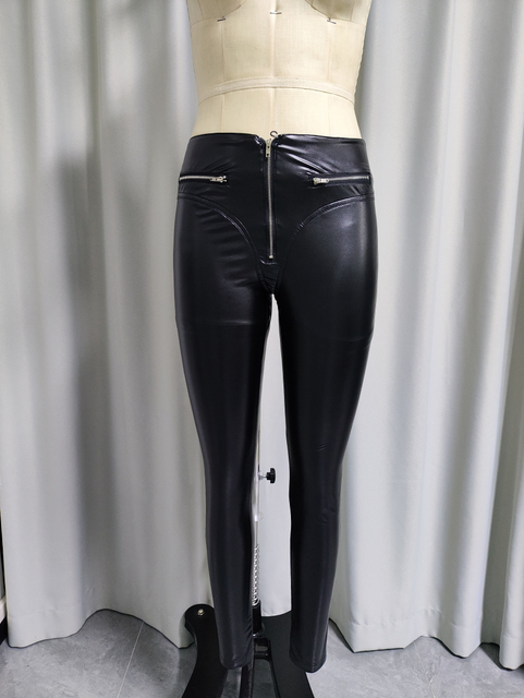 Leggings ajustados de piel sint&eacute;tica para mujer con cremalleras delanteras