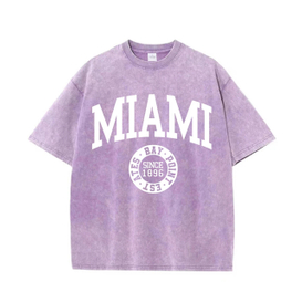 Camisetas lavadas de algod&oacute;n para mujer, camisetas desgastadas con cuello redondo de tendencia, ropa femenina de calle de verano de manga corta con estampado de Miami y EE. UU.