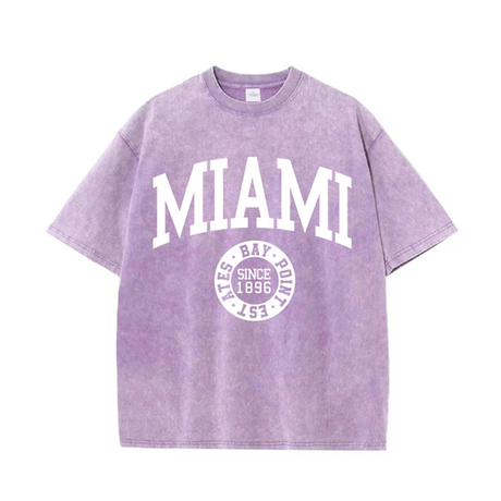 Camisetas lavadas de algod&oacute;n para mujer, camisetas desgastadas con cuello redondo de tendencia, ropa femenina de calle de verano de manga corta con estampado de Miami y EE. UU.