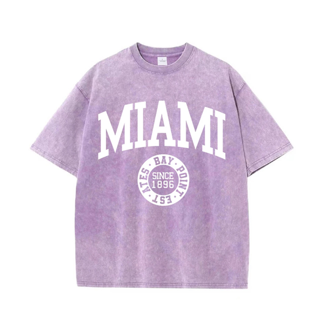 Camisetas lavadas de algod&oacute;n para mujer, camisetas desgastadas con cuello redondo de tendencia, ropa femenina de calle de verano de manga corta con estampado de Miami y EE. UU.