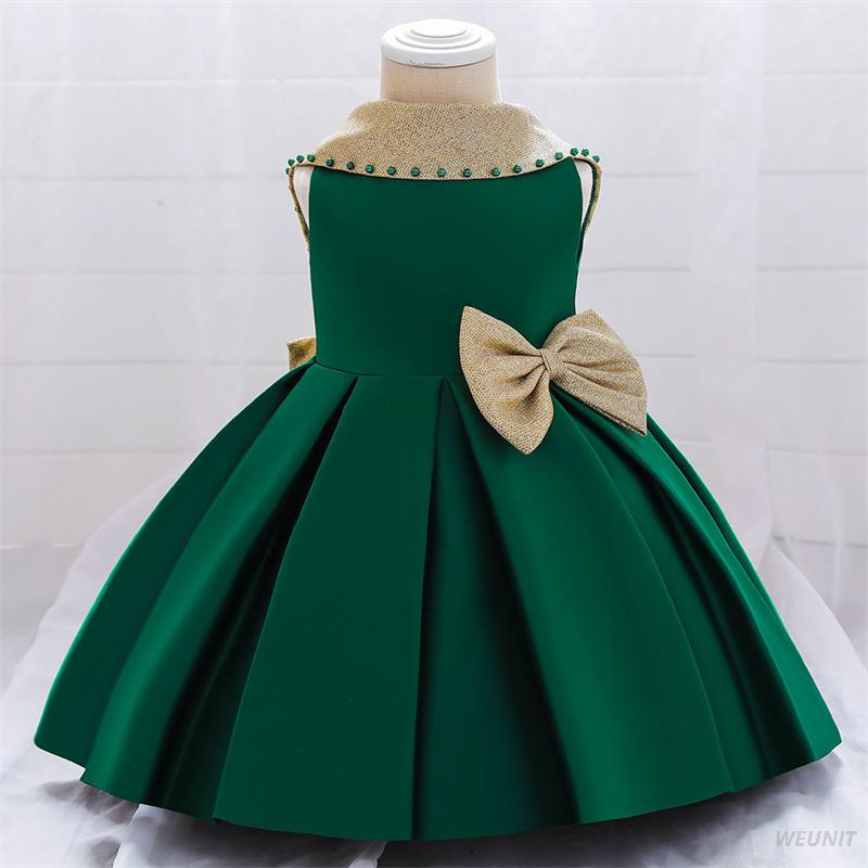 Vestido de ni&ntilde;a de flores de sat&eacute;n verde con elegancia dorada con lazo en la espalda