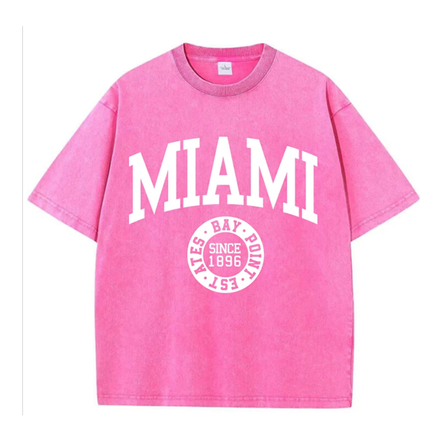 Camisetas lavadas de algod&oacute;n para mujer, camisetas desgastadas con cuello redondo de tendencia, ropa femenina de calle de verano de manga corta con estampado de Miami y EE. UU.