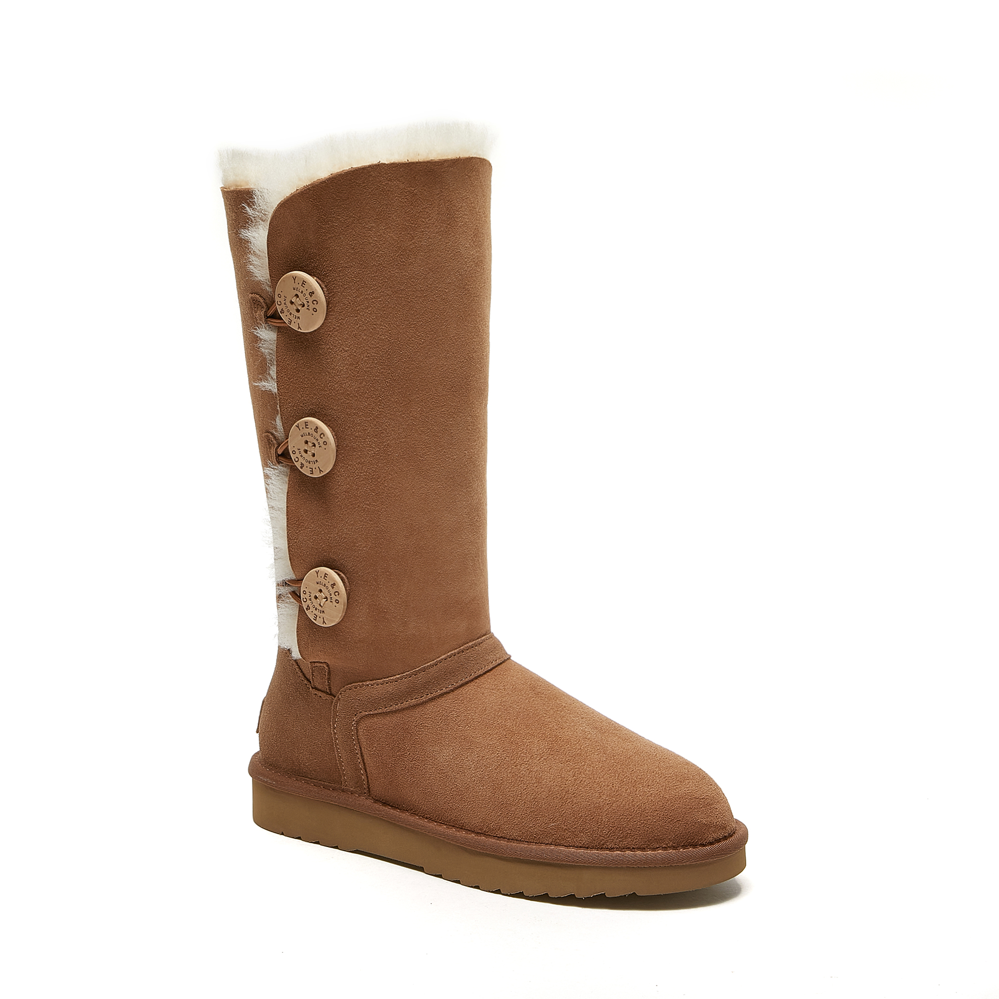 Botas KAHKI altas peludas estilo UGG con tres botones para mujer 