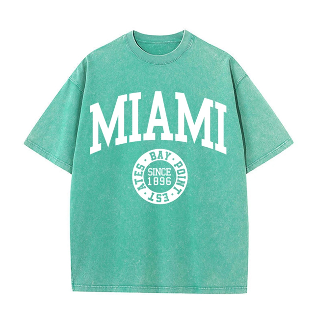 Camisetas lavadas de algod&oacute;n para mujer, camisetas desgastadas con cuello redondo de tendencia, ropa femenina de calle de verano de manga corta con estampado de Miami y EE. UU.