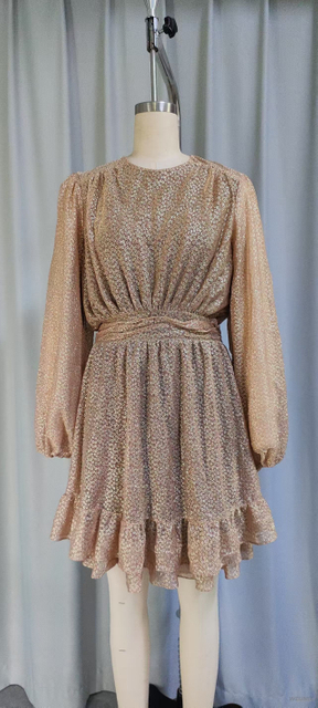 Minivestido dorado brillante de manga larga con volantes y lazo en la cintura