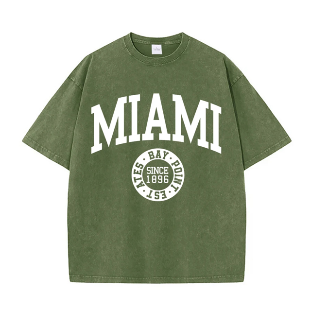 Camisetas lavadas de algod&oacute;n para mujer, camisetas desgastadas con cuello redondo de tendencia, ropa femenina de calle de verano de manga corta con estampado de Miami y EE. UU.
