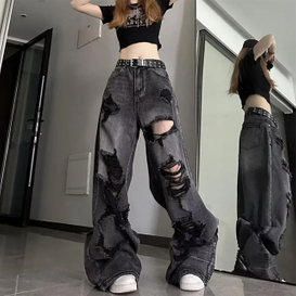 Pantalones vaqueros rasgados &uacute;nicos y geniales para mujer, pantalones largos desgastados de estilo americano, pantalones largos de pierna recta, holgados y vers&aacute;tiles