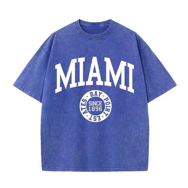 Camisetas lavadas de algod&oacute;n para mujer, camisetas desgastadas con cuello redondo de tendencia, ropa femenina de calle de verano de manga corta con estampado de Miami y EE. UU.