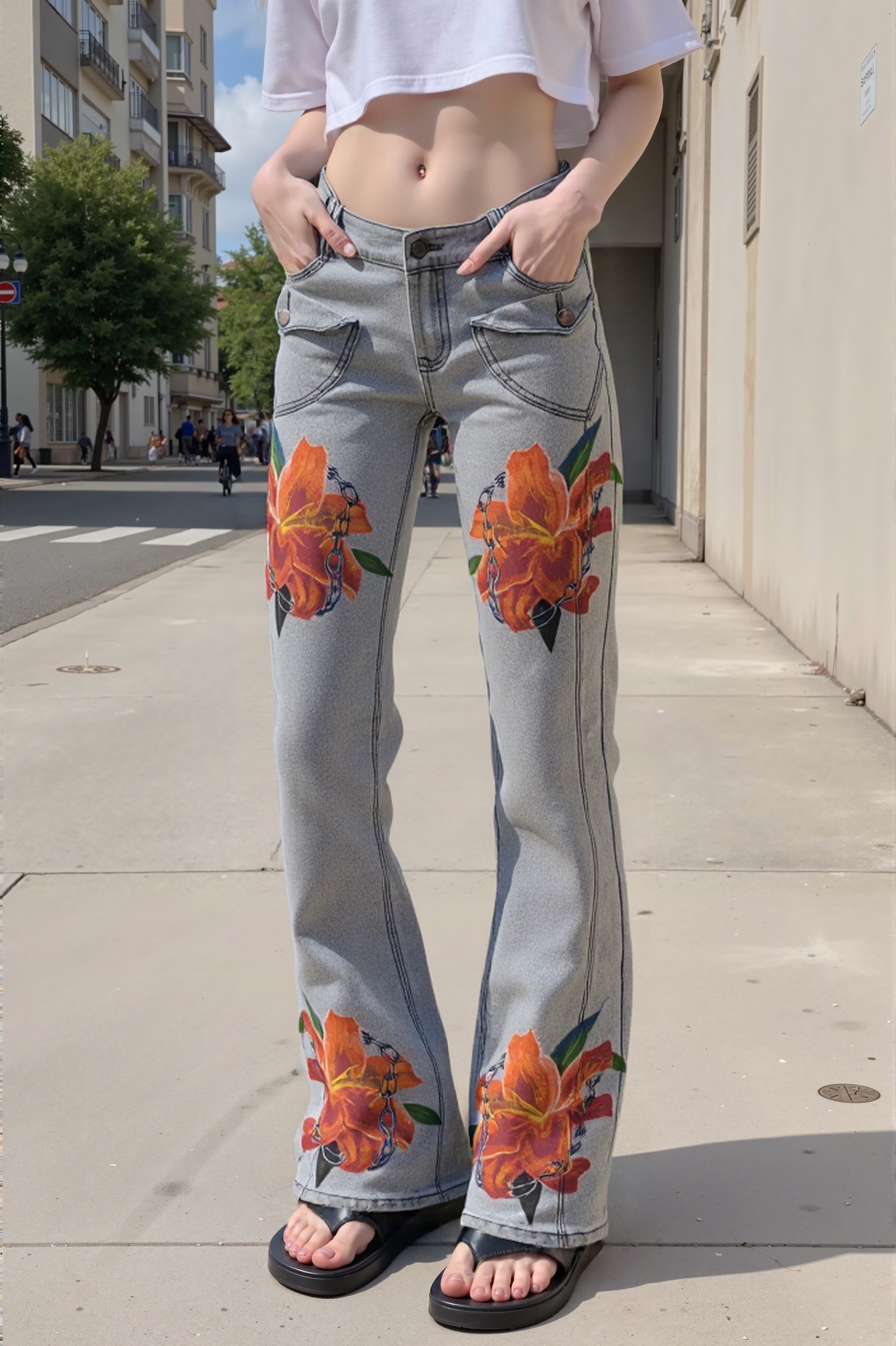 Vaqueros de mujer con estampado de flores.