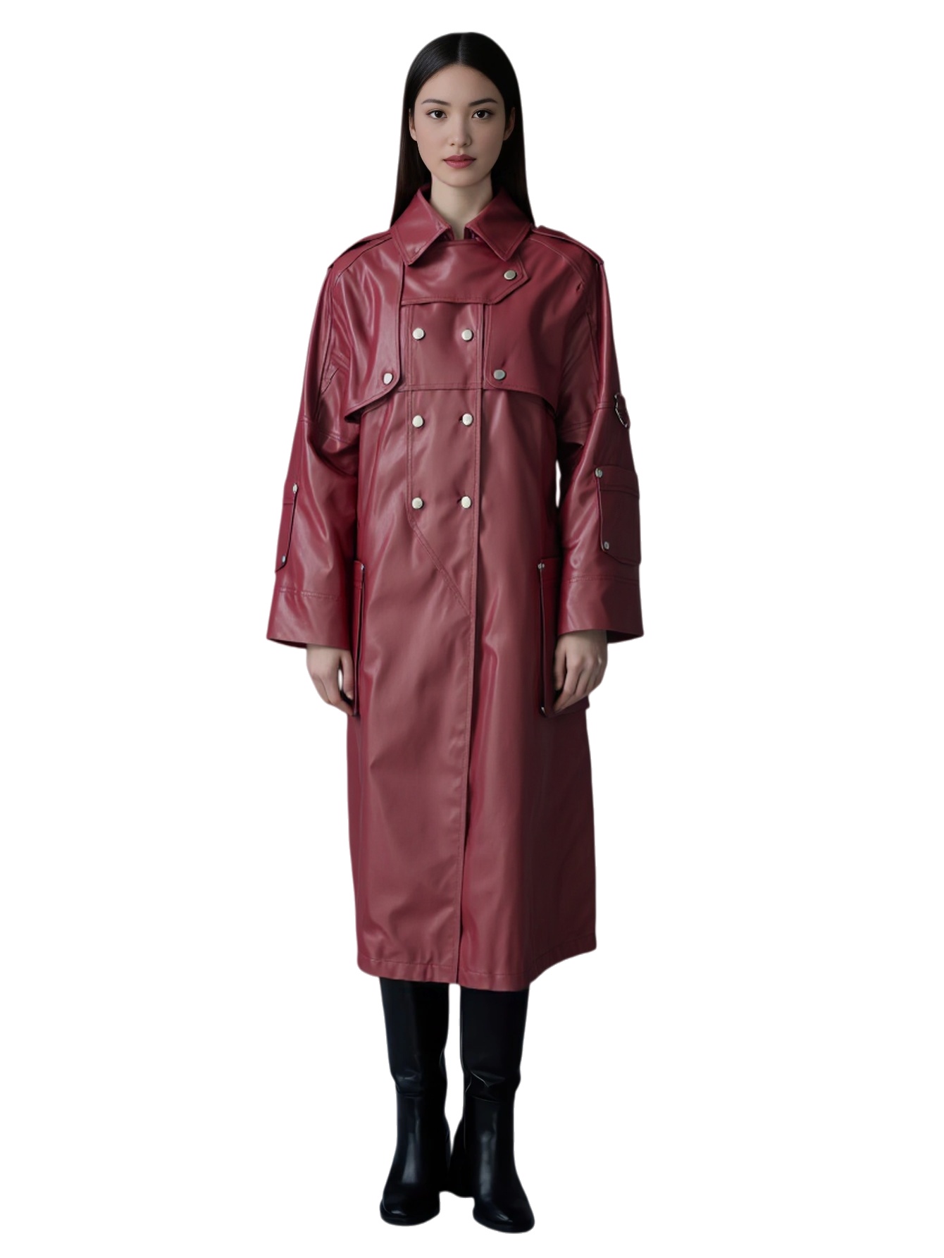 Gabardina de piel sint&eacute;tica burdeos para mujer con dise&ntilde;o de doble botonadura