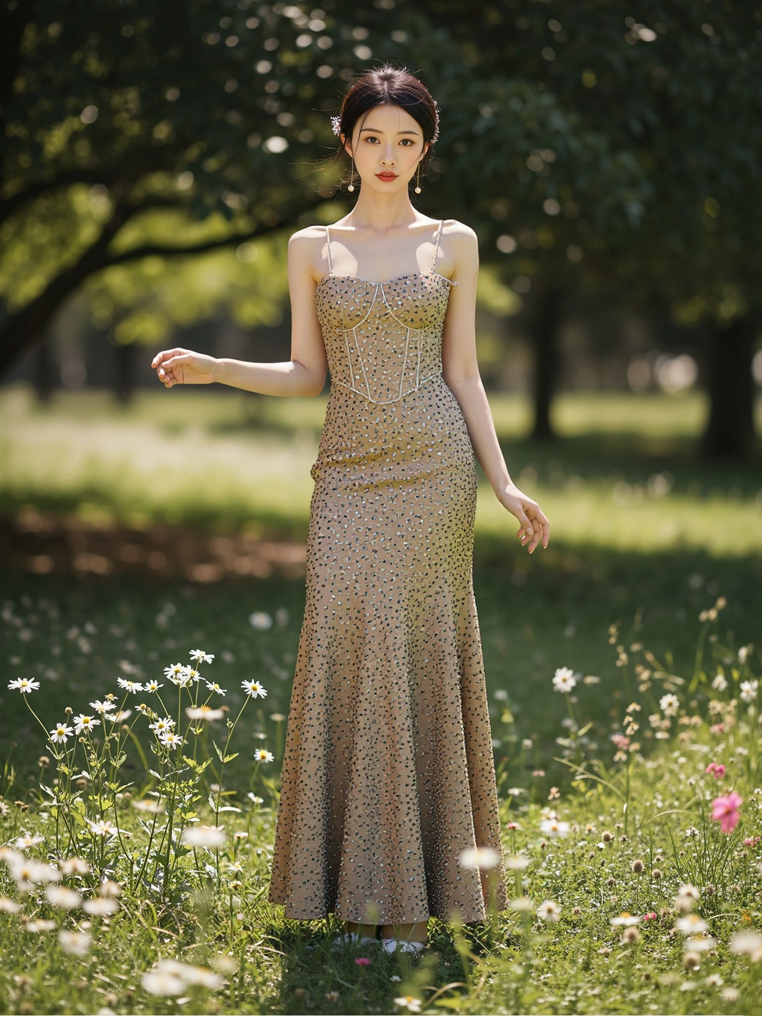 Vestido de noche de sirena con brillantes diamantes de imitaci&oacute;n termoadhesivos y tirantes adornados con cadenas
