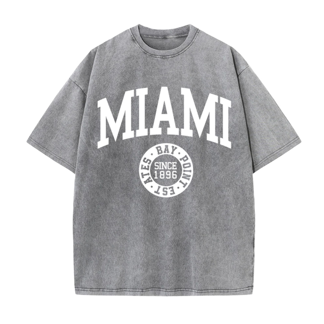 Camisetas lavadas de algod&oacute;n para mujer, camisetas desgastadas con cuello redondo de tendencia, ropa femenina de calle de verano de manga corta con estampado de Miami y EE. UU.