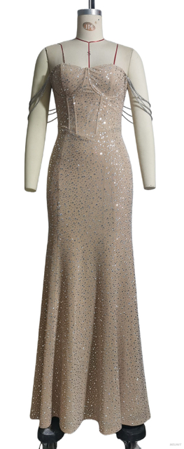 Vestido de noche de sirena con brillantes diamantes de imitaci&oacute;n termoadhesivos y tirantes adornados con cadenas