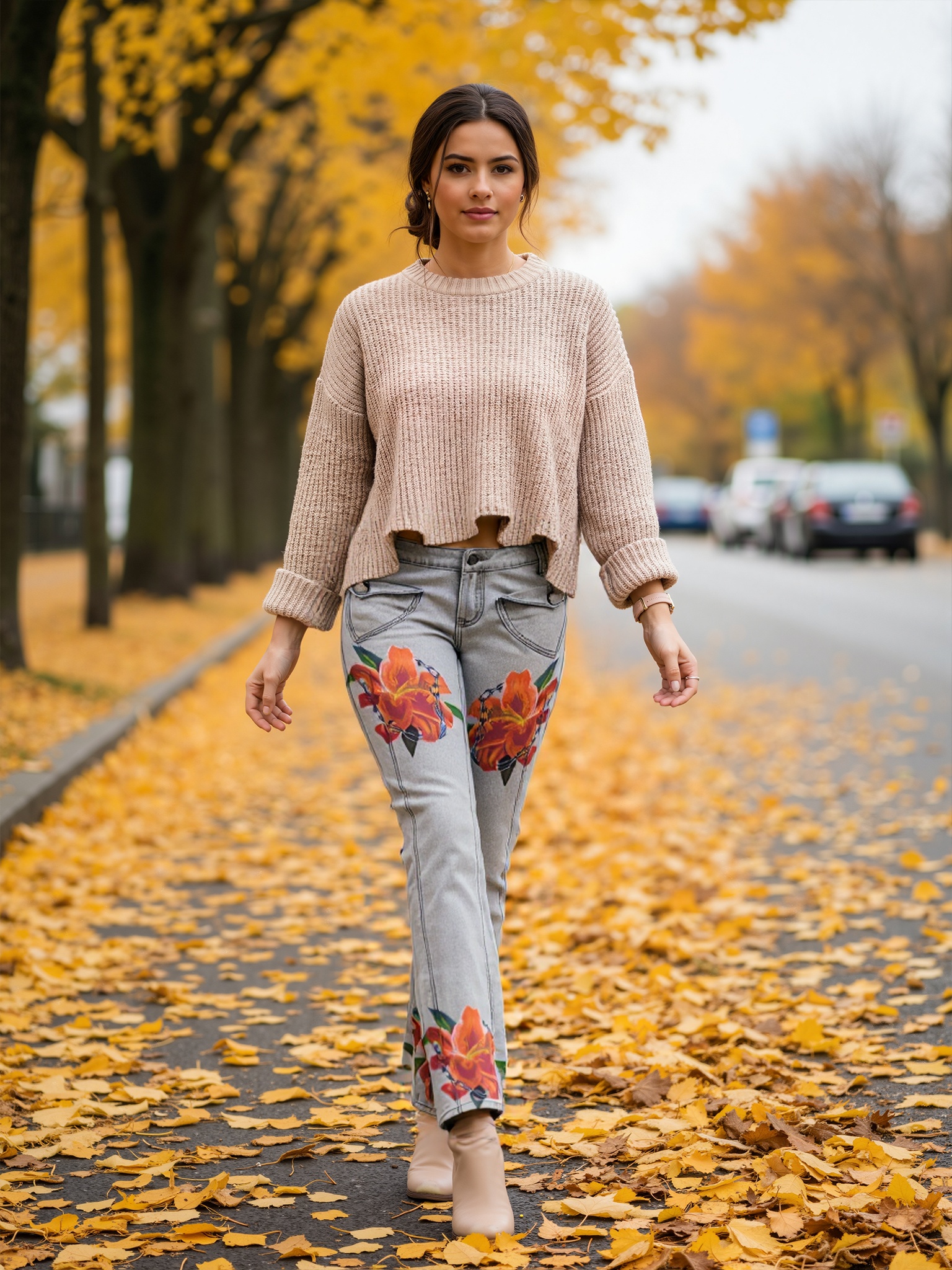 Vaqueros de mujer con estampado de flores.