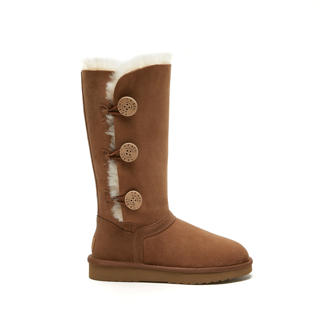 Botas KAHKI altas peludas estilo UGG con tres botones para mujer 